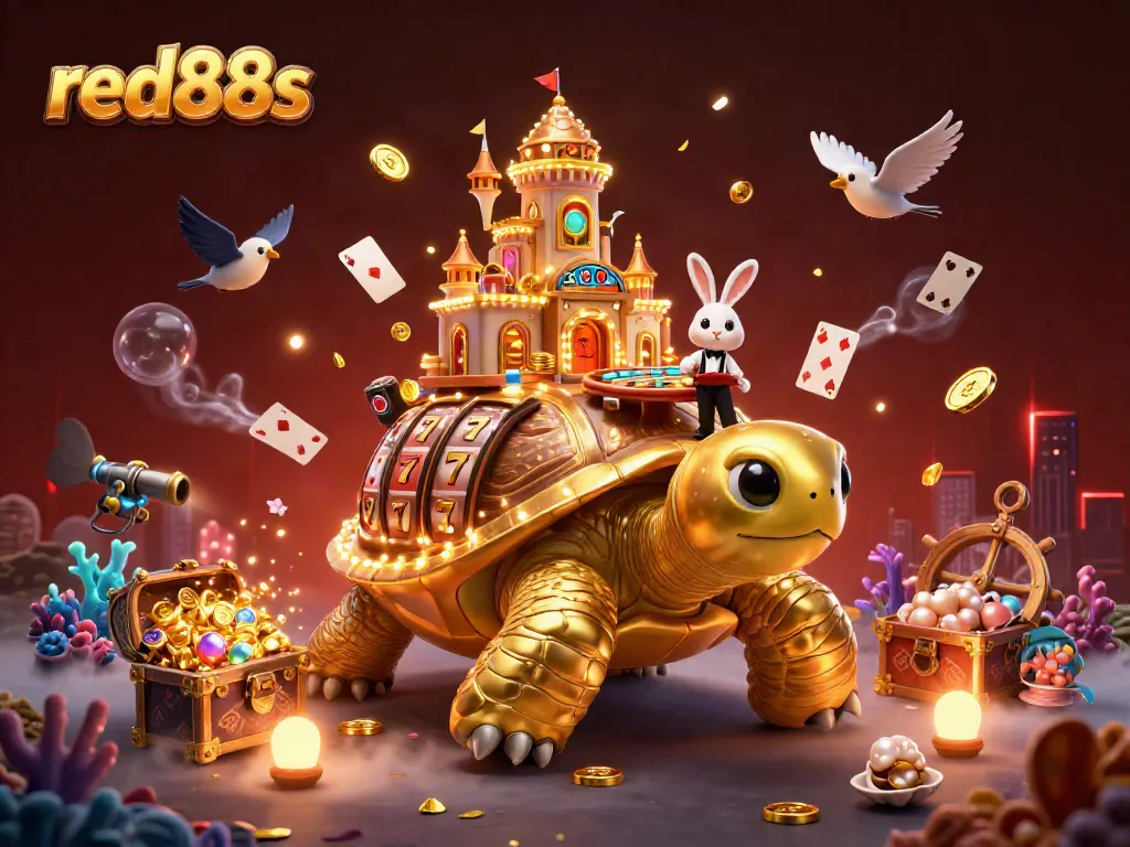 Join the excitement of red88s with a vibrant cartoon scene featuring a golden tortoise casino!