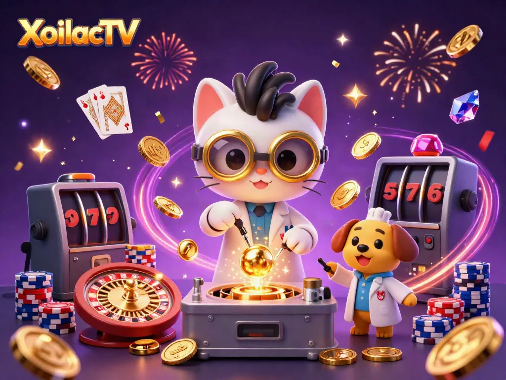XoilacTV delivers the excitement of premium sports betting with a thrilling illustration featuring a mad scientist cat and a dog assistant.