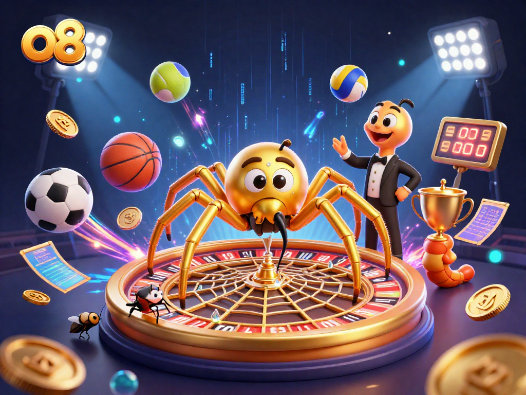 o8 casino scene with a golden spider and centipede croupier surrounded by sports balls and betting elements
