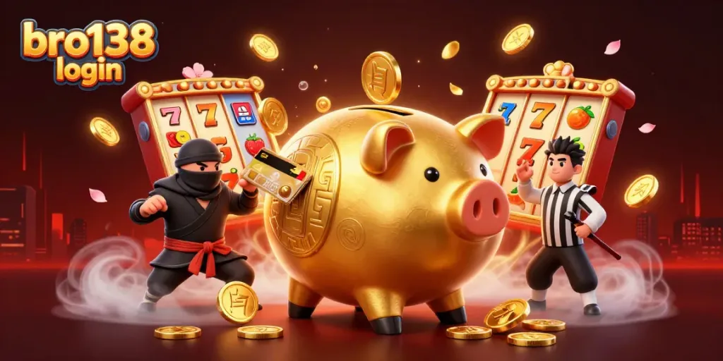 Experience fun action with the bro138 login illustration featuring a lively scene of casino elements and characters.