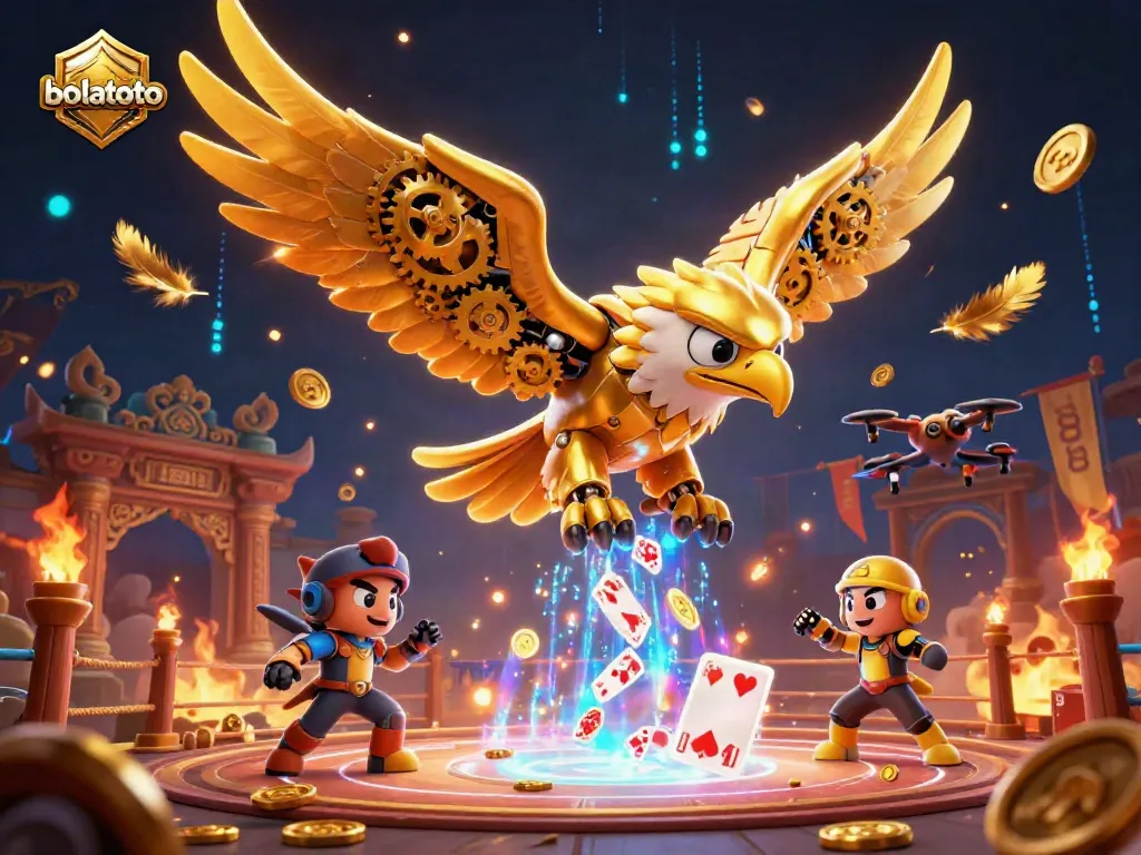 Experience bolatoto with a dazzling view of a cybernetic eagle soaring through dynamic casino elements.