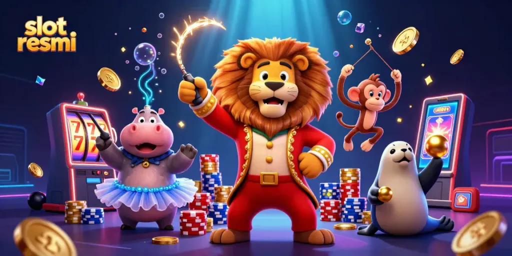 Menang besar dengan slot resmi, menampilkan karakter dan elemen kasino.