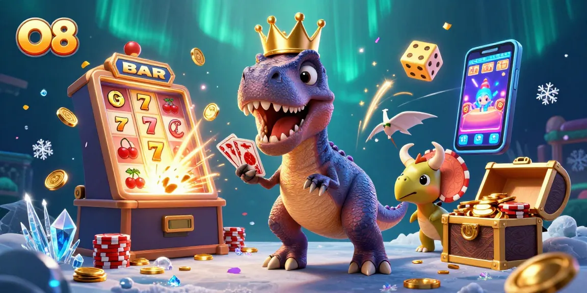 Experience thrilling slots at O8 with friendly dinosaur characters and vibrant casino themes.