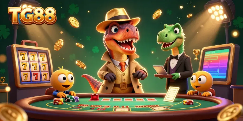 Experience thrilling play with TG88, featuring animated characters at a bustling blackjack table, enhancing the lively casino atmosphere.