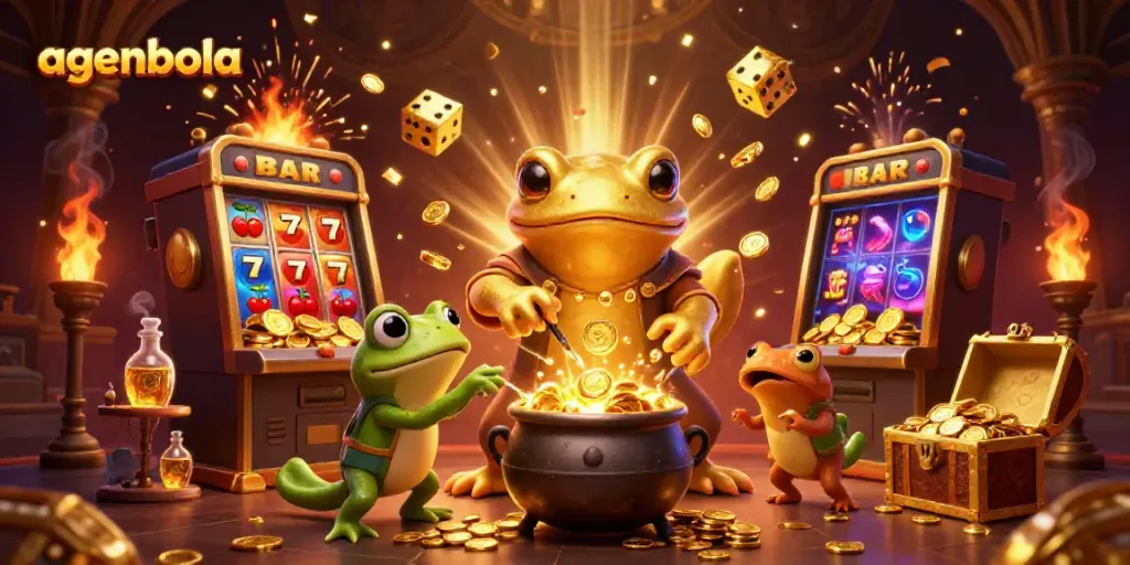 Experience the magic of agenbola with an alchemist and vibrant casino elements in a rich 3D scene.
