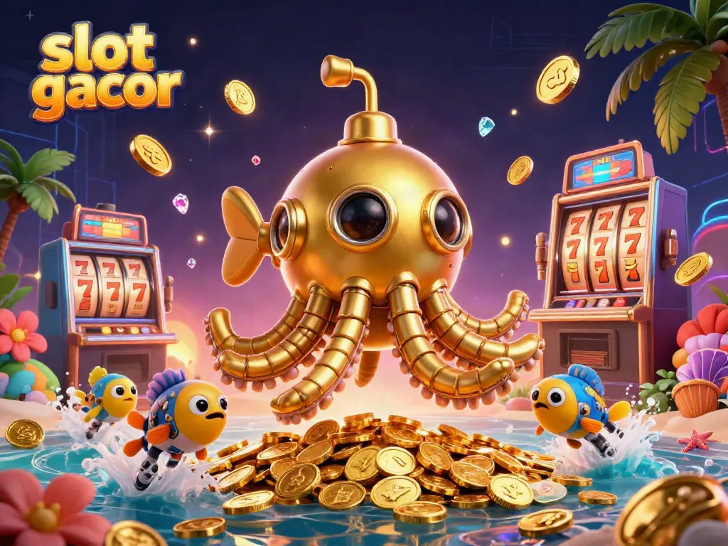 Engage in slot gacor gaming with a vibrant scene featuring a golden kraken submarine and dynamic casino elements.