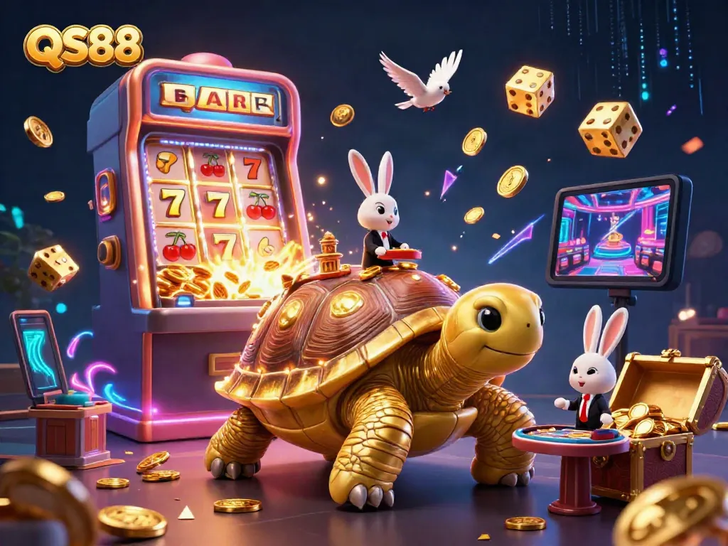 Experience vibrant casino entertainment at QS88 with a golden tortoise and rabbit dealer amidst slot machines and coins.