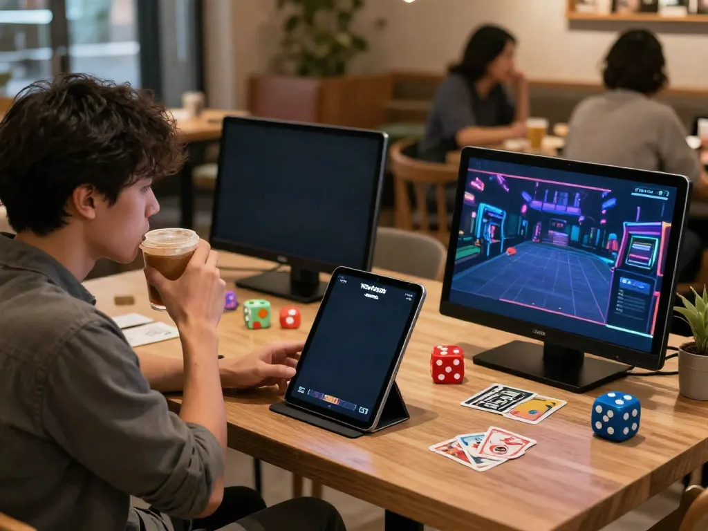 User enjoying the Yono Arcade app, surrounded by gaming props and café ambiance.