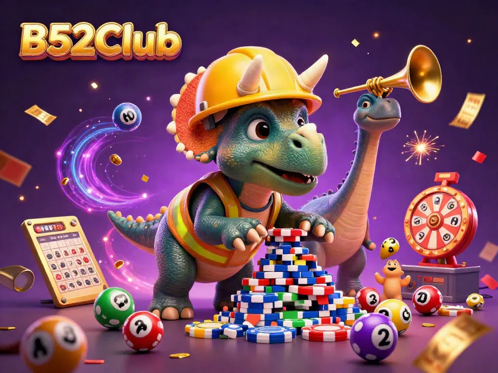 Celebrate winning with B52Club in a rich casino scene featuring colorful lottery balls and a triceratops building poker chips.