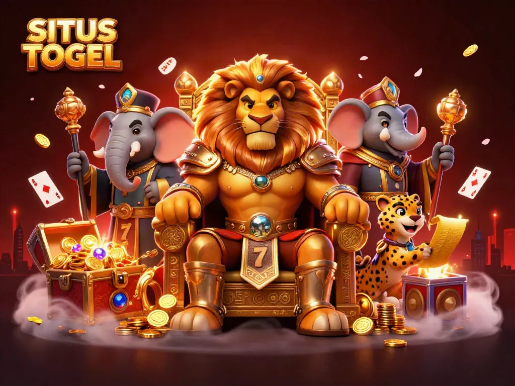 Berpartisipasi dalam situs togel dengan karakter raja singa dan elemen permainan penuh semangat.