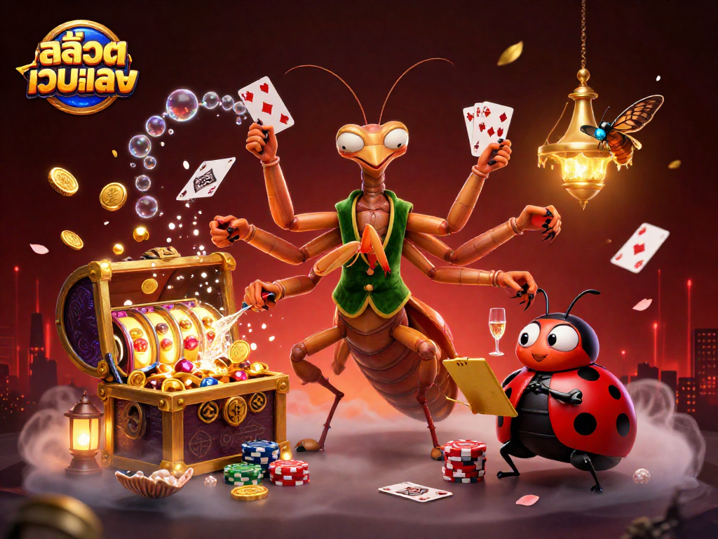Experienceเกมสล็อตเว็บตรง excitement with a 3D illustration showcasing a praying mantis dealer at a dynamic casino scene.