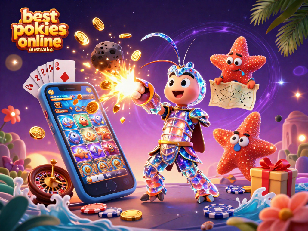 Play the best pokies online Australia with vibrant characters and exciting game elements in a dynamic casino scene.