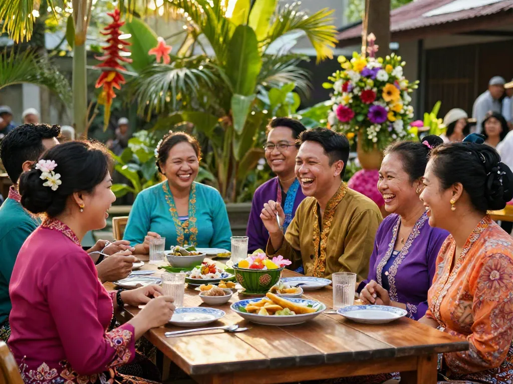 Nyonya 4D cultural gathering with attendees in vibrant attire sharing traditional food and stories.