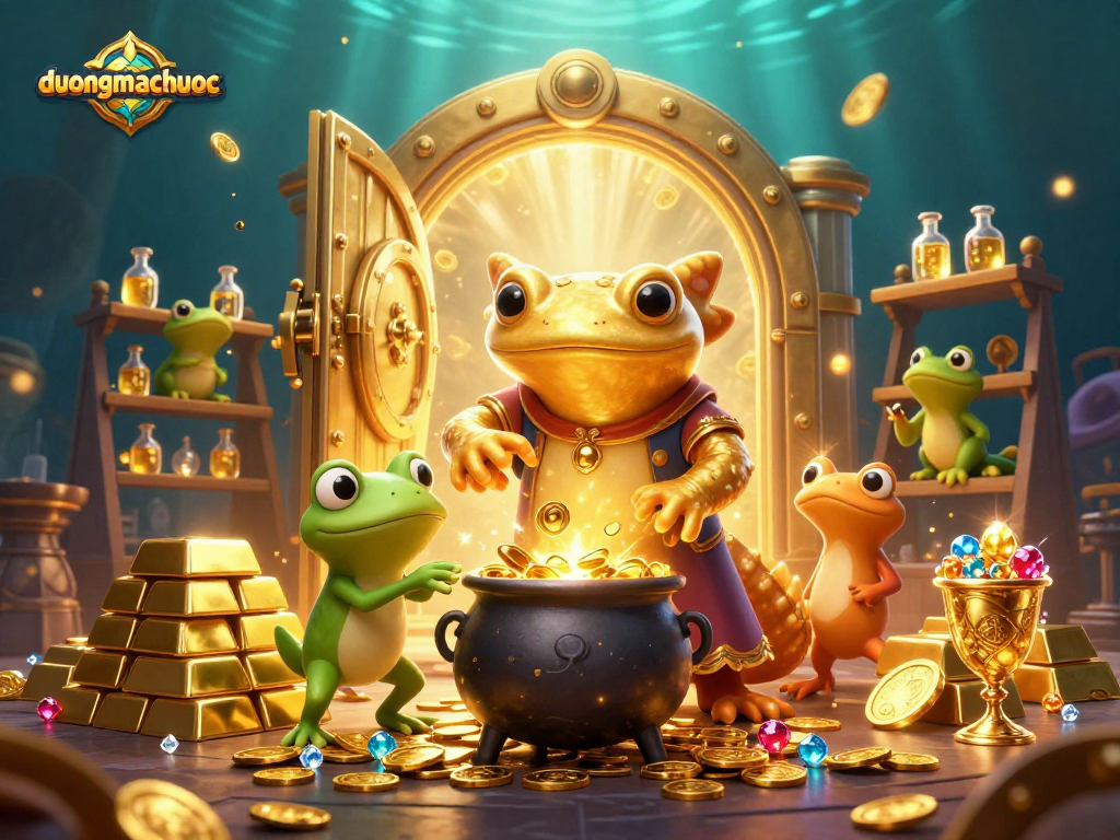 Experience duongmatchuoc with a vibrant 3D scene of an alchemist transforming metals into coins.