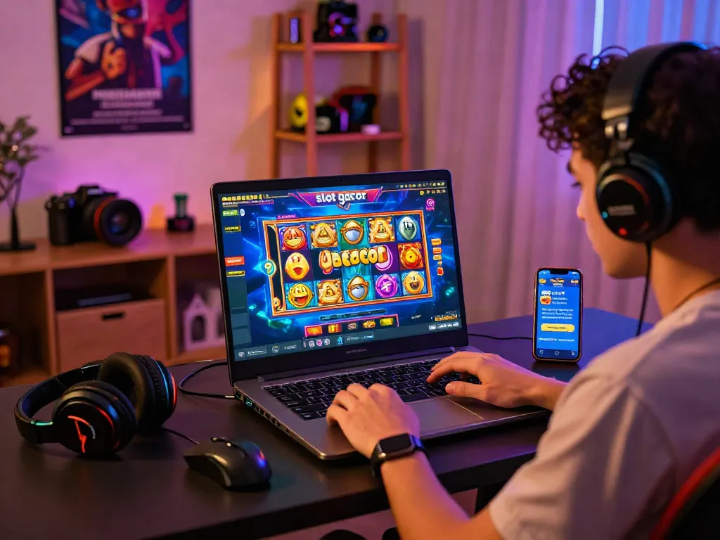 Exciting gaming moment featuring slot gacor on a modern desktop setup with vibrant animations.