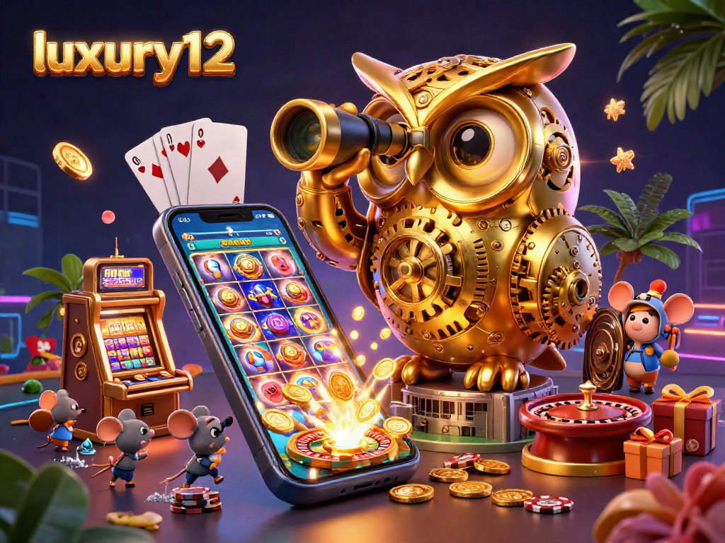Visualisasi slot kasino luxury12 dengan burung hantu emas dan mesin slot penuh koin.