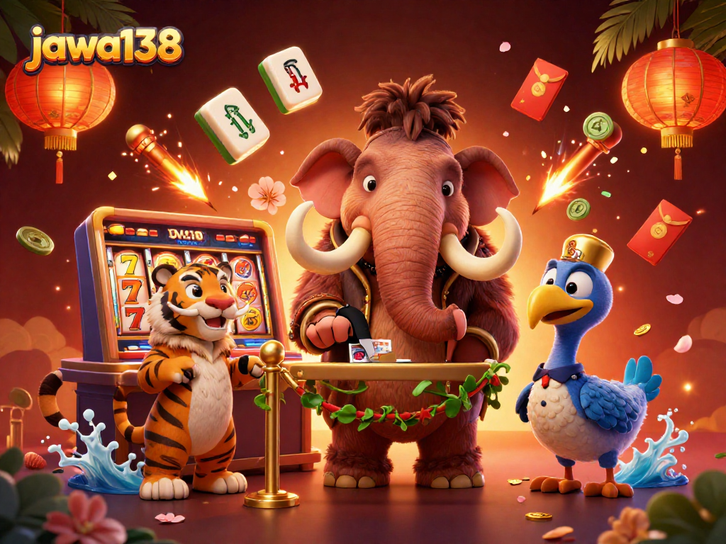 jawa138 showcases an energetic casino scene with a bouncer, VIP guest, and dodo doorman.