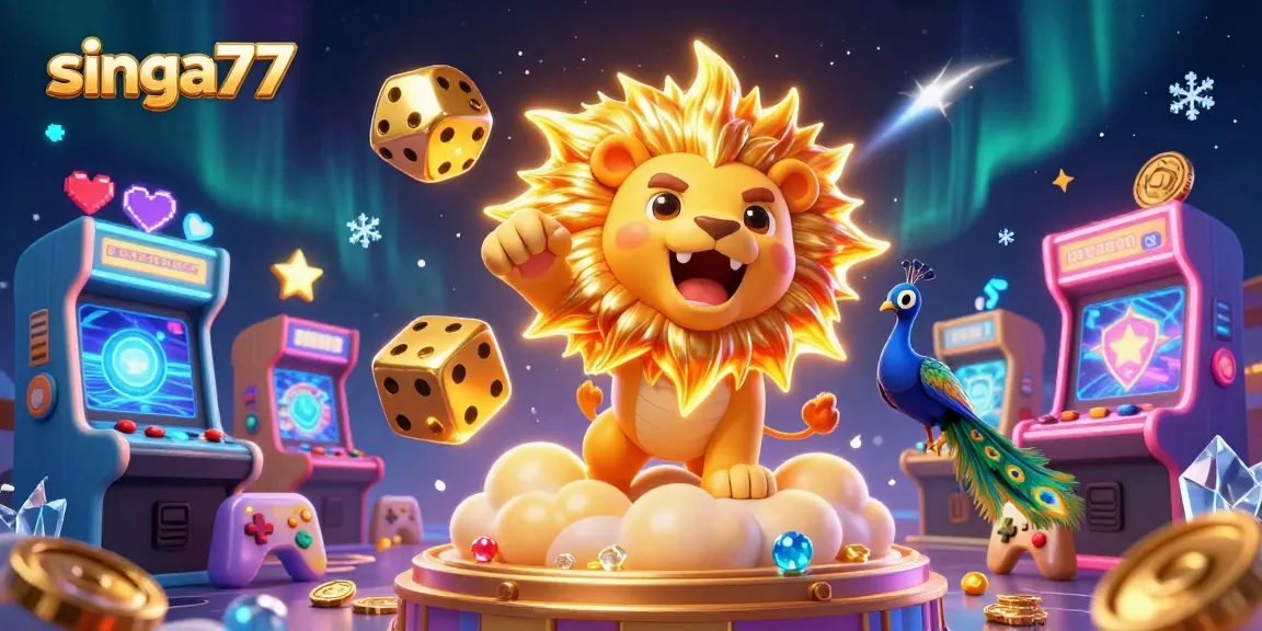 Singa77 engages players with a vibrant 3D casino scene showcasing characters, games, and dynamic action