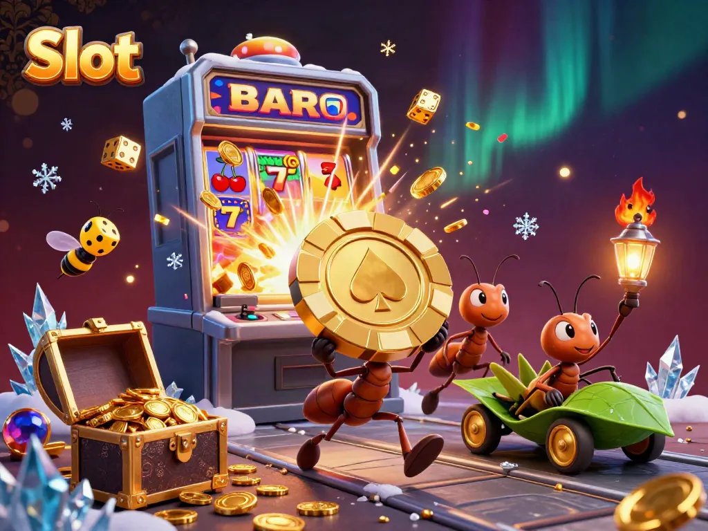 Experience thrilling Slot action as cartoon ants escape with a massive poker chip amidst a jackpot explosion of gold.