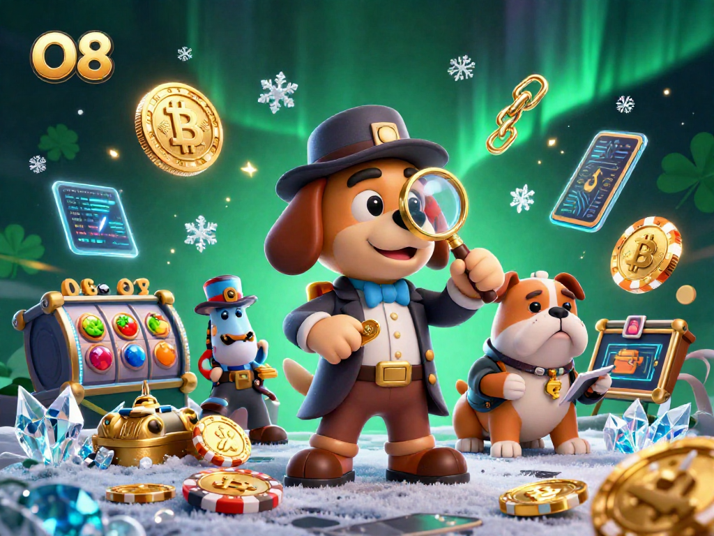 O8 reveals a dynamic casino scene with a detective uncovering poker chip clues amidst glowing crypto coins.