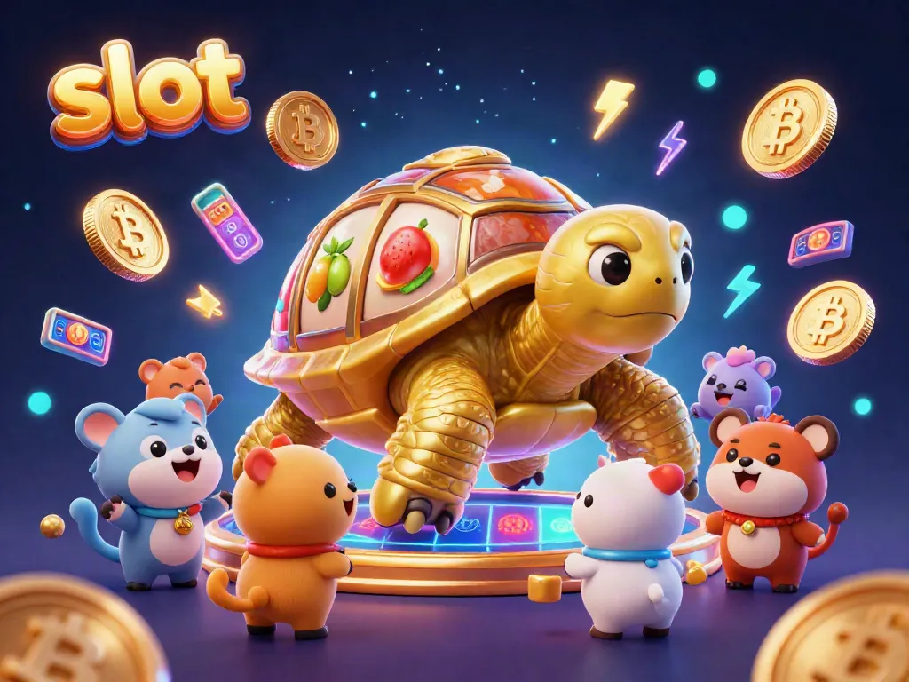 Experience thrilling slot action with a golden tortoise and excited animals in a vibrant casino scene.
