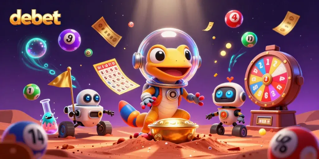 Experience debet excitement in a vibrant scene featuring a Martian gecko and casino elements.