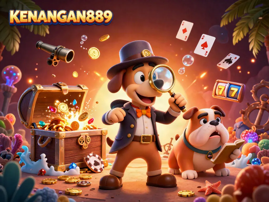 Engage with the KENANGAN889 casino adventure, highlighting poker chips and vibrant game elements while exploring treasures.