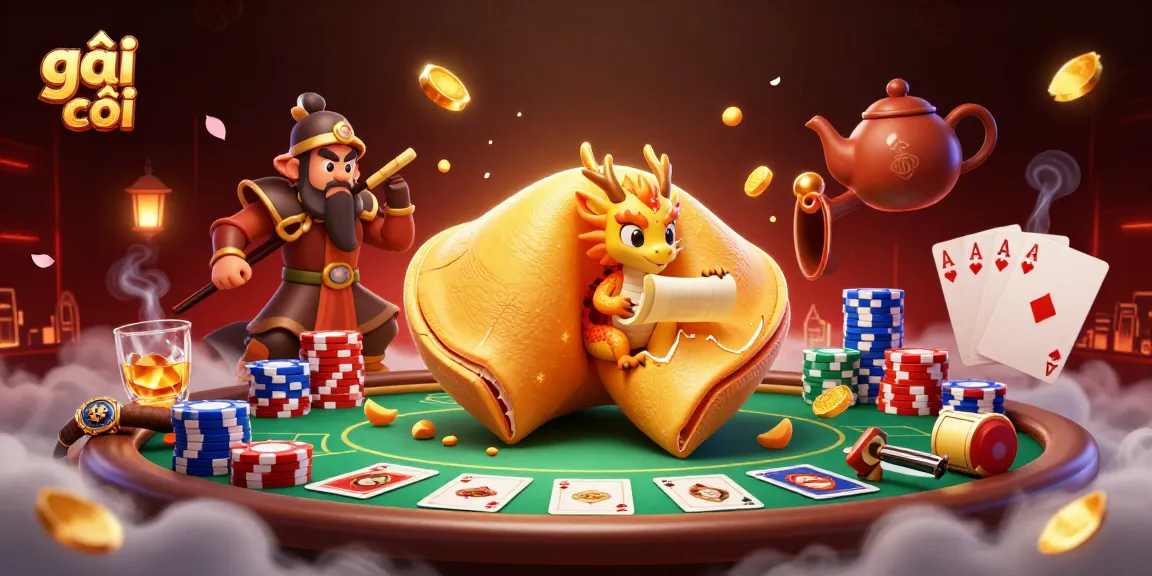Engage with the thrilling world of gambling through the 3D scene of gái gọi, featuring a golden fortune cookie and poker elements.