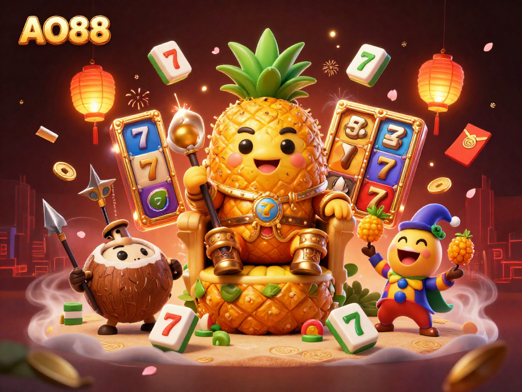 Experience the thrill of AO88 with vibrant slot reels, golden characters, and festive elements illuminating the scene.