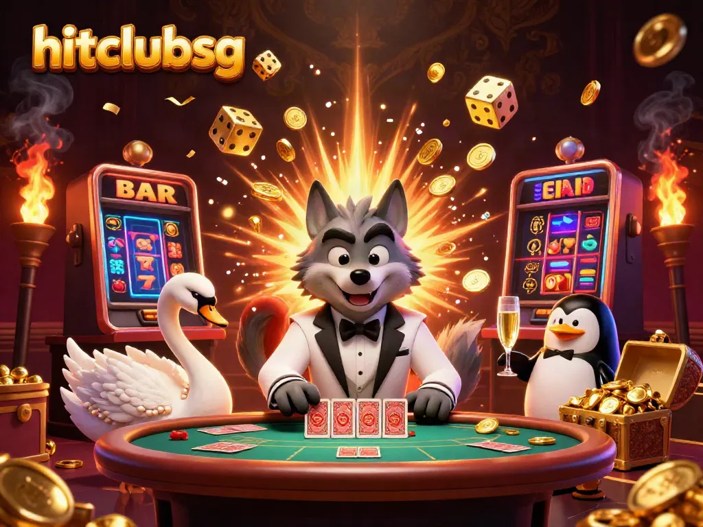 Hitclubsg showcases a debonair wolf at a baccarat table with dynamic casino elements for gamblers.