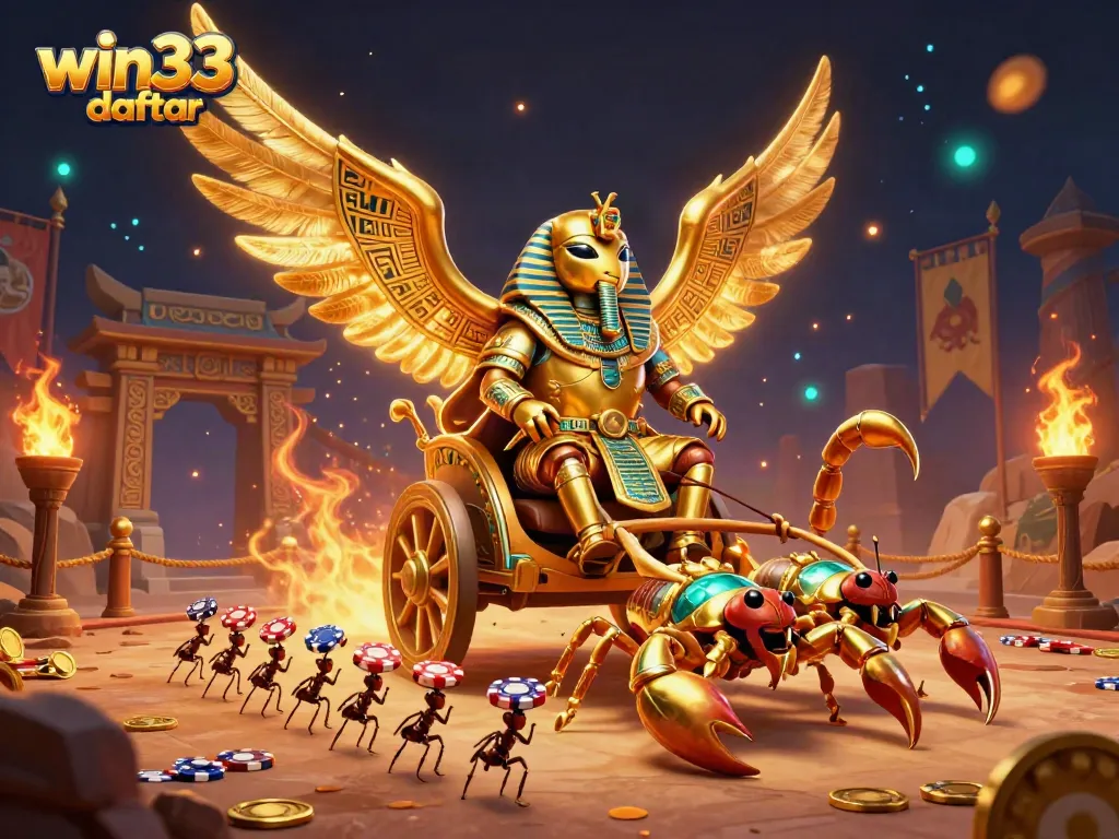 Experience thrilling wins and gaming action on win33 daftar with a dynamic illustration of a golden scarab beetle and scorpions.