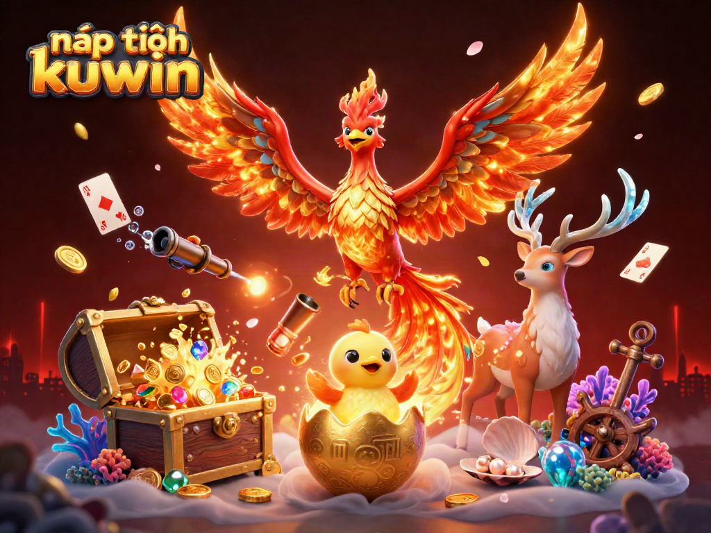 Nạp tiền kuwin effortlessly with this vibrant casino-themed 3D illustration featuring mythical creatures and dynamic gaming elements.