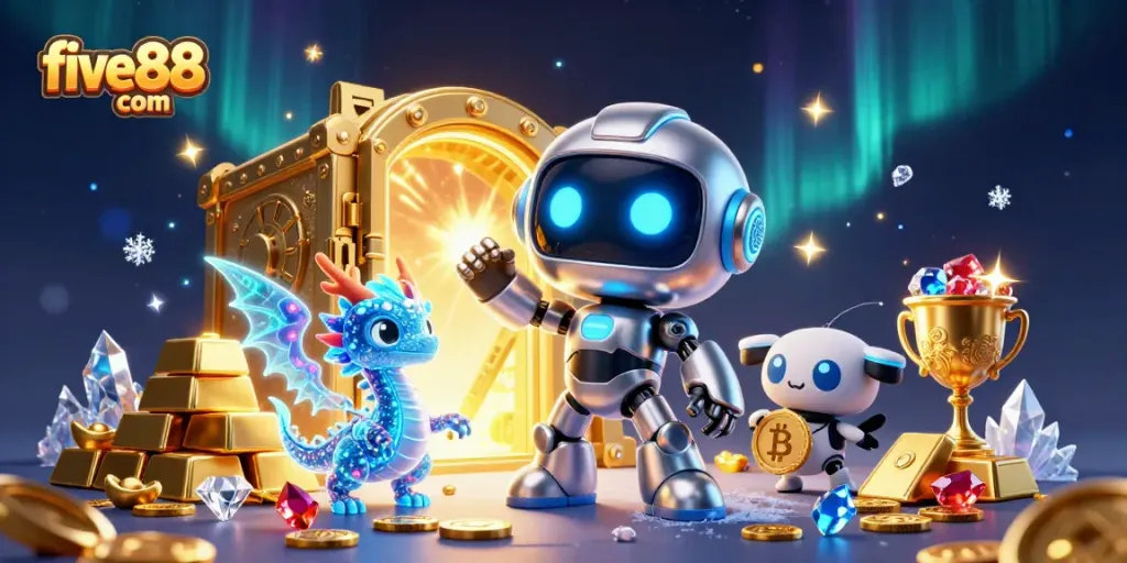 Experience the vibrant world of gambling at five88 com with dynamic 3D casino characters and treasure.
