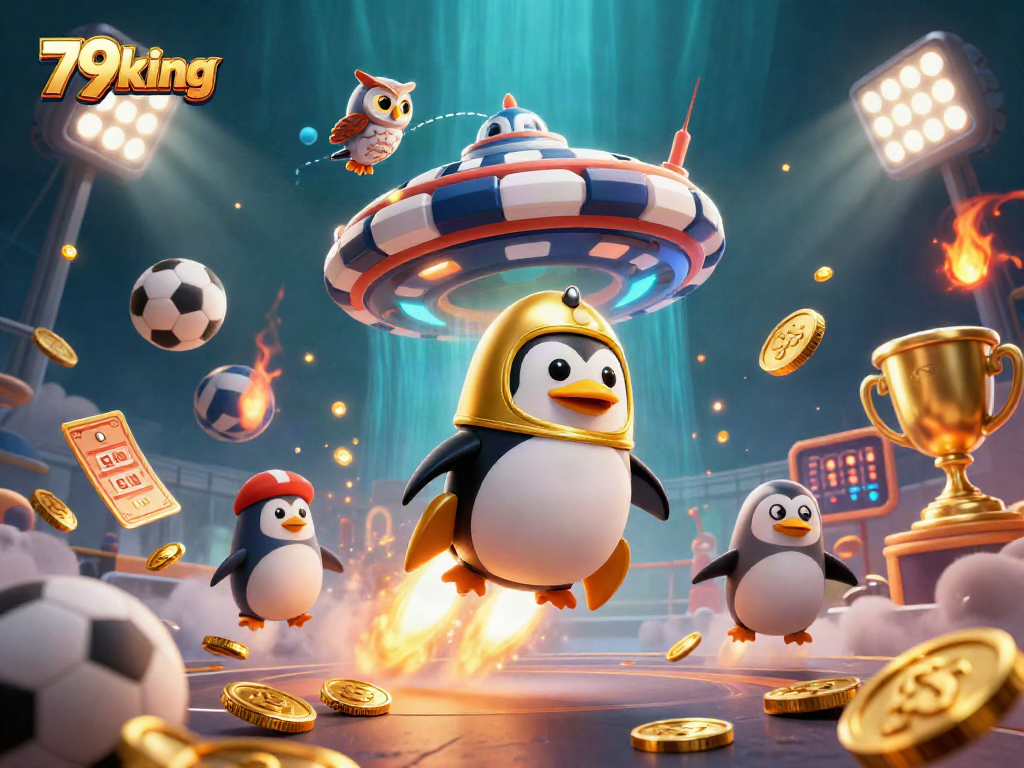 Engage with 79king as a golden penguin zooms towards a casino space station in a vibrant 3D illustration.