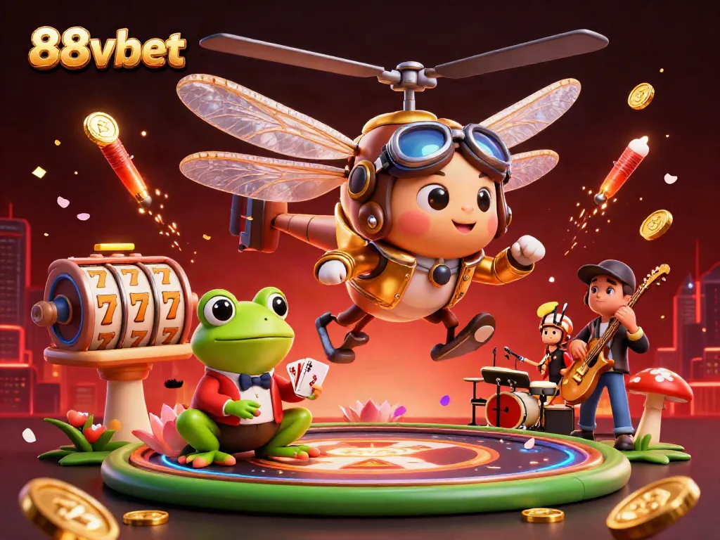 Engage with exciting games at 88vbet in a vibrant, illustrated 3D casino scene.