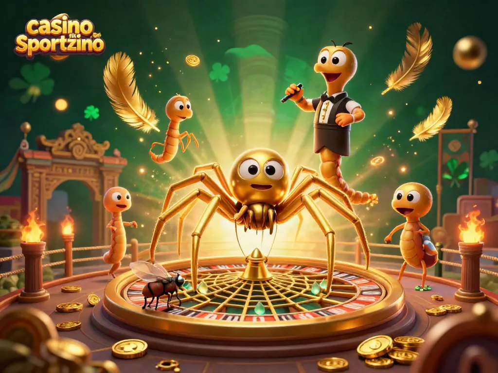 Engage in fun gameplay at casino like sportzino with a related illustration of a golden spider and croupier.