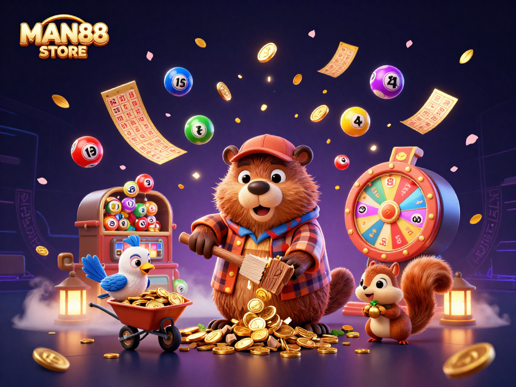 Engage in thrilling fun at MAN88 STORE with golden coins raining around playful characters in a dynamic gaming scene.