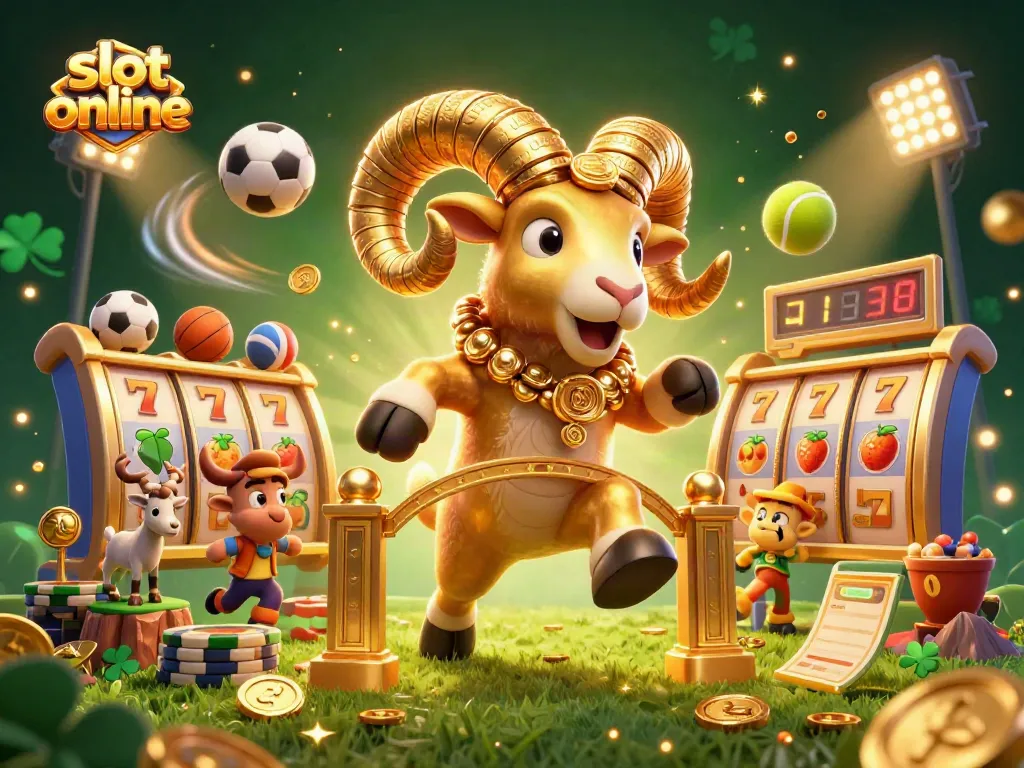 Engage in slot online adventures with a golden ram amidst vibrant casino elements.