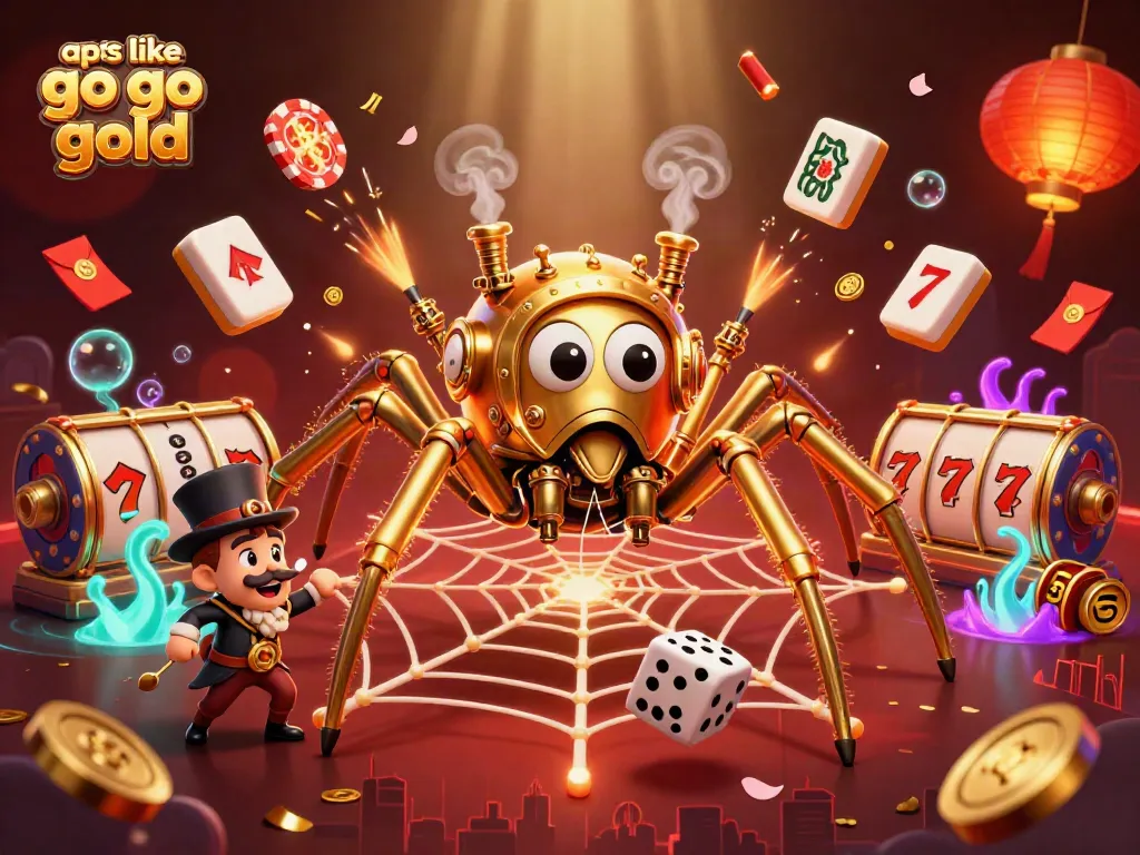Engage with apps like go go gold in this colorful, dynamic 3D casino scene filled with slot elements.