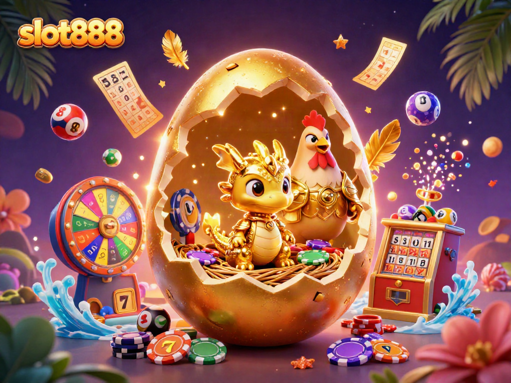 Win big with slot888 in this vibrant 3D casino scene featuring a golden dragon and poker chips.