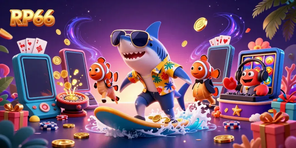 Experience RP66 with a lively underwater scene featuring a hammer-head shark and a crab DJ amid gold coins and slot games.