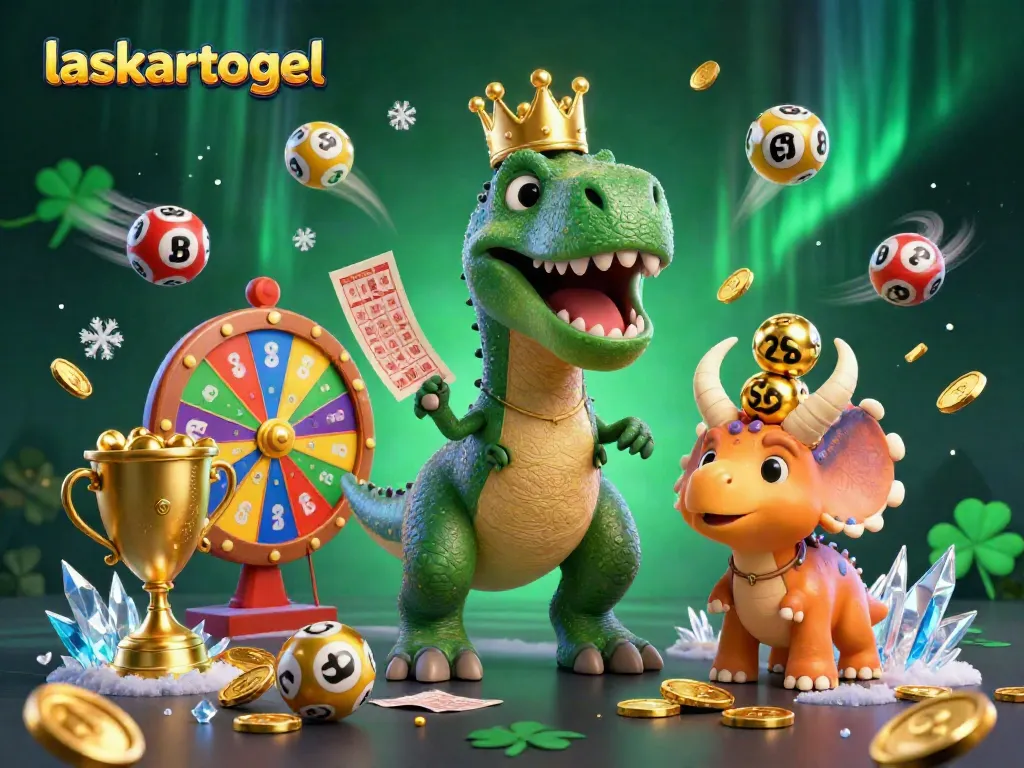 Engage in winning with laskartogel as cartoon dinosaurs showcase thrilling lottery excitement.