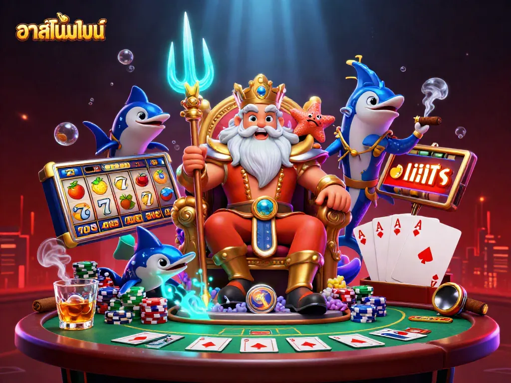 คาสิโนออนไลน์ ในภาพ 3D แสดงถึงบรรยากาศสีสันสดใสของเกมสล็อตและโป๊กเกอร์