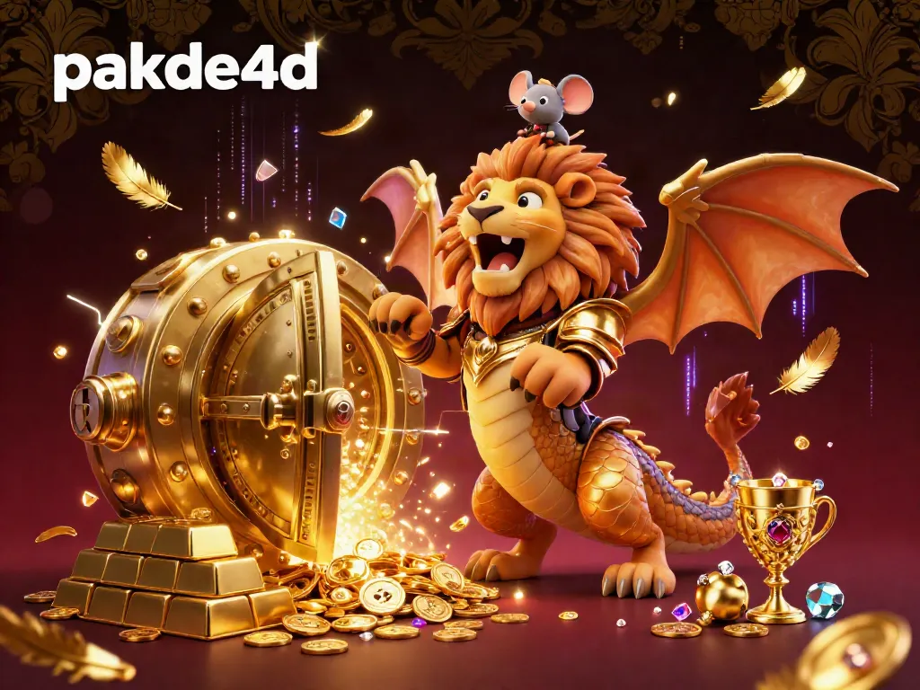 Immerse in the vibrant world of pakde4d with a triumphant chimera creature amidst treasures, showcasing thrilling casino excitement.