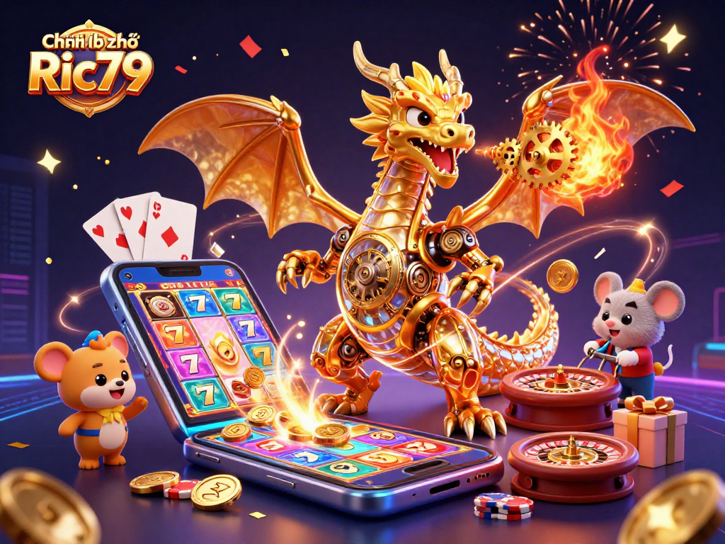 Engage in thrilling slots with the ultra-detailed 3D scene of Chính sách bảo mật Ric79 showcasing a dragon and slots elements.