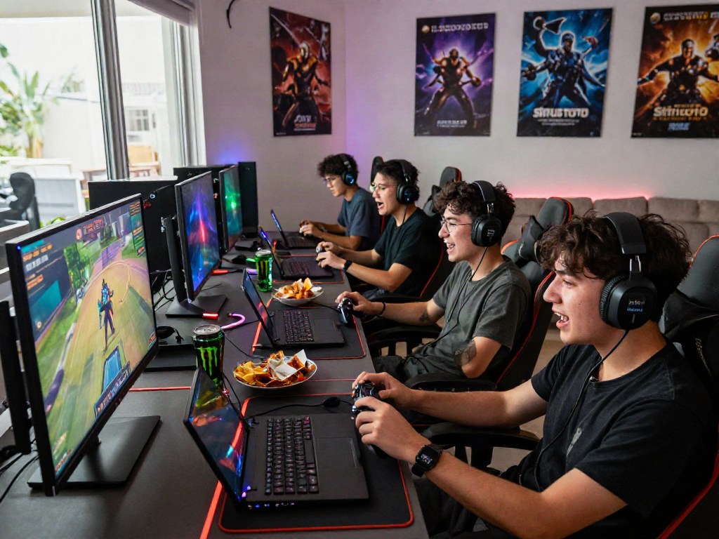 Friends enjoying a multiplayer gaming session, featuring situs toto on the screen in a vibrant gaming room.