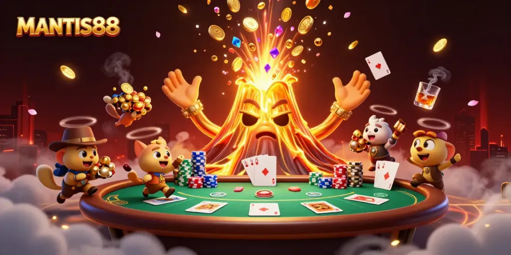 Experience the thrill of winning at MANTIS88 with golden volcano and poker elements.