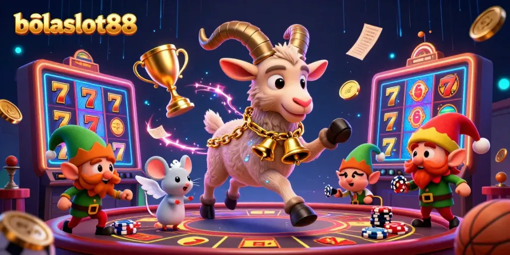Bolaslot88 showcases an exciting holiday-horror casino scene with Krampus, angel mouse, and mischievous gremlins