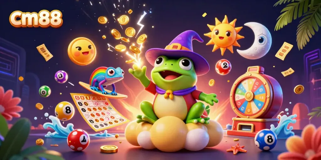 Experience thrilling gameplay with cm88's wizard frog conjuring coins among colorful lottery elements.
