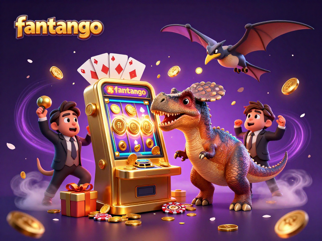 Experience the thrill of fantango as a dinosaur hits the jackpot in a vibrant casino scene.